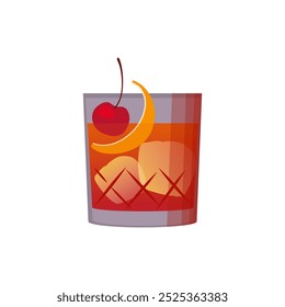 Old Fashion cocktail in a glass glass. Alcoholic drink with orange zest, cherries and ice.	Vector illustration.