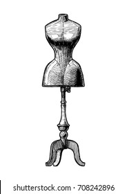 Old fashion dummy. Vector black-and-white hand drawn illustration of mannequin in vintage engraved style.