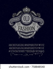 OLD FASHION FONT. Old retro typeface design. Hand made type alphabet. Authentic letters, numbers, punctuation. Script art for fashion apparel t shirt print graphic vintage vector badge label logo