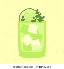 Old fashion glass. Cocktail with cucumber, greens. Cool alcohol drink for bar. Non-alcoholic smoothie with cucumber. Soft alcohol liquid for event and party. Flat vector illustration with texture