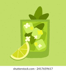 Old fashion glass. Cocktail with lime, mint, flowers. Cool alcohol drink for bar. Chamomile tea. Soft alcohol liquid for event and party. Non-alcoholic beverage. Flat vector illustration with texture