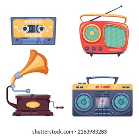 Old fashion music device isolated set collection. Vector flat cartoon design element illustration
