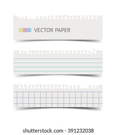 Old fashion notebook paper sheets with soft shadow and ripper edges isolated on white background. Realistic vintage retro vector illustration of squared and lined paper pieces, torn paper