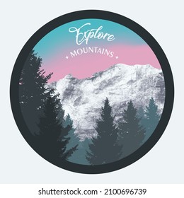 Old fashion postcard style sticker illustration with paper texture. Mountains and trees with light gradient sky. Retro design patch with lettering