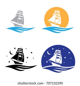 Old Fashion Sail Boat, Logo Set. 