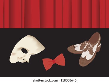 Old fashion shoes, bow tie and phantome mask in front of stage curtain