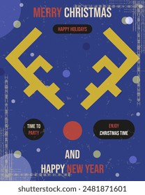 Old  fashion style Christmas greeting card cover design with trendy Grunge texture. Boho Groovy reindeer and typography inscription. Retro Abstract vector illustration. EPS 10