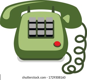 Old fashion telephone. Home phone with buttons. Hang up phone. Answer a call. Ring off. Stay on the line. Handset on the wire. Technical support. Retro device. 