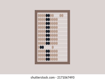 An old fashion way of calculating, a wooden abacus with light brown and black beads, mathematics