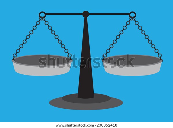Old\
fashion weighing scale with equal arm beam and two suspended\
balancing pans isolated on blue plain\
background