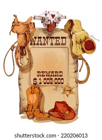 Old Fashion Wild West Wanted Reward Vintage Poster With Horse Saddle Revolver Cowboy Backpack Sketch Abstract Vector Illustration