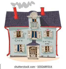 Old fashionable rural hotel. Vintage facade of cute inn. Cartoon