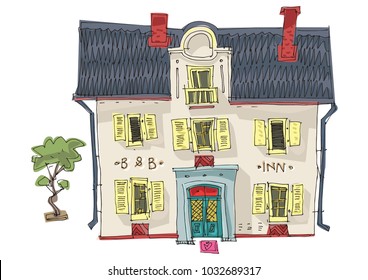 Old fashionable rural hotel. Vintage facade of cute inn. Cartoon