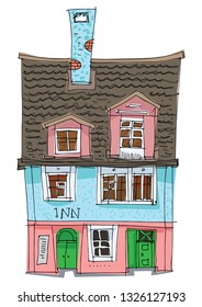 Old fashionable rural hotel. Vintage facade of cute inn. Cartoon