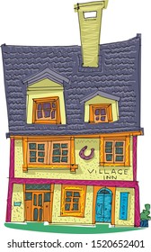 Old fashionable rural hotel. Vintage facade of cute inn. Cartoon. Caricature
