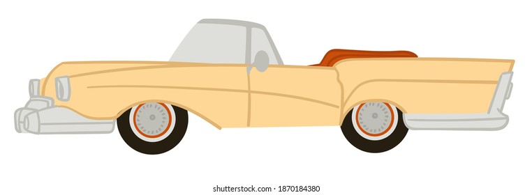 Old fashionable stylish american car with no roof. Isolated icon of traditional stylish vehicle, prolonged automobile with bumper. Cool shiny transport in past years in usa. Vector in flat style