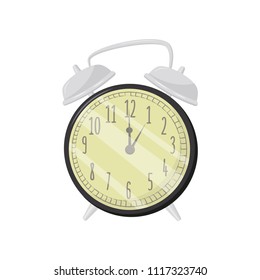 Old fashioned alarm clock with black frame, metal handle and bells on top. Flat vector for website or mobile app
