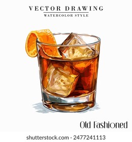 Old Fashioned alcoholic cocktail vector vintage watercolor style