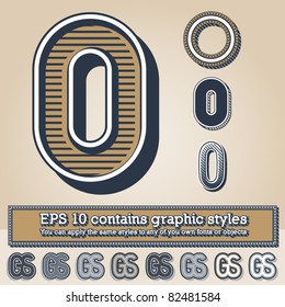 Old fashioned alphabet. Letter 0. File contains graphic styles available in the Illustrator 10 + You can apply the styles to any of you own fonts or objects