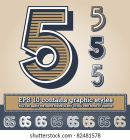 Old fashioned alphabet. Letter 5. File contains graphic styles available in the Illustrator 10 + You can apply the styles to any of you own fonts or objects