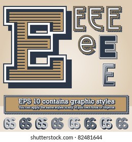 Old fashioned alphabet. Letter e. File contains graphic styles available in the Illustrator 10 + You can apply the styles to any of you own fonts or objects