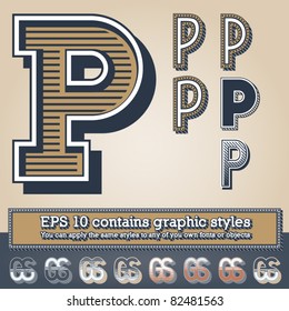 Old fashioned alphabet. Letter p. File contains graphic styles available in the Illustrator 10 + You can apply the styles to any of you own fonts or objects