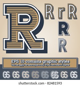 Old fashioned alphabet. Letter r. File contains graphic styles available in the Illustrator 10 + You can apply the styles to any of you own fonts or objects