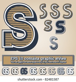 Old fashioned alphabet. Letter s. File contains graphic styles available in the Illustrator 10 + You can apply the styles to any of you own fonts or objects