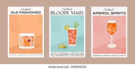 Old Fashioned, Aperol Spritz and Bloody Mary Classic Cocktail recipe with ingredients. Summer aperitif wall art. Garnish alcohol beverage graphic print. Minimalist vertical poster. Vector illustration