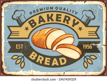 Old fashioned bakery sign with bread loaf and decorative ribbons. Vintage bakery sign. Retro poster design with baked goods and pastries.