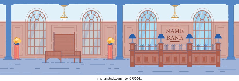 Old Fashioned Bank Building Interior With Wooden Counter Desk And Luxury Furniture For Clients. Vintage Financial Institution Storing Money And Securities. Flat Cartoon Vector Illustration.