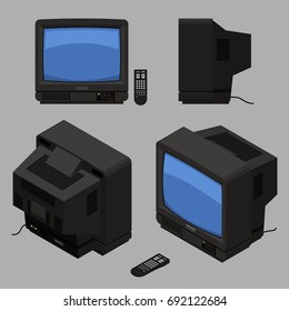 Old fashioned black TV with remote control; Isometric television set from different sides vector 