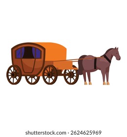 Old fashioned brown horse carriage is standing still, hitched to a brown horse
