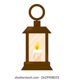 Old fashioned brown lantern with melting candle and glowing flame inside. Isolated on white background. Vector illustration in cartoon style.