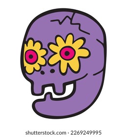 Estilo de dibujos animados de estilo antiguo calavera psicodélica con ojos de flores, ilustración aislada del vector trippy