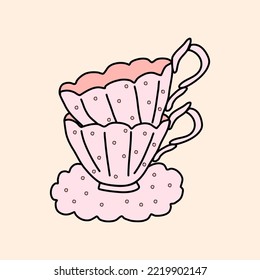 Old fashioned ceramic or porcelain pink tea cups with dots, doodle style flat vector