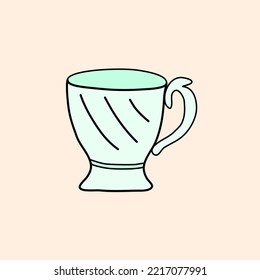 Old fashioned ceramic or porcelain tea cup, doodle style flat vector
