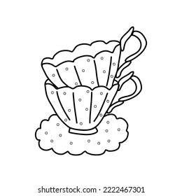 Old fashioned ceramic or porcelain tea cups with dots, doodle style vector outline for coloring book