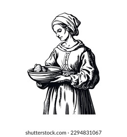 Old fashioned chef holding bowl, cooking classical meal icon