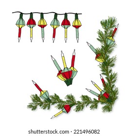 Old Fashioned Christmas Decoration Bubble Light With Pine Garland Corner Vector Set