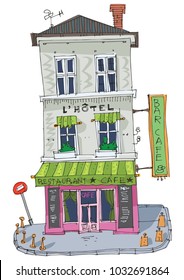 Old fashioned city hotel with cafe at ground floor. Vintage facade of cute inn. Cartoon. Caricature.