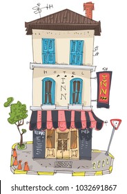 Old fashioned city hotel with cafe at ground floor. Vintage facade of cute inn. Cartoon. Caricature.