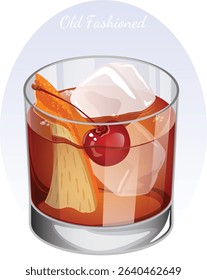 Old Fashioned Cocktail with Cherry, Orange Peel and Ice Cubes. Traditional Beverage Isolated
