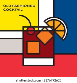 Old Fashioned Cocktail in Old fashioned glass, garnished with orange slice and Maraschino cherry, served with ice cubes. Modern style art with rectangular color blocks. Piet Mondrian style pattern.