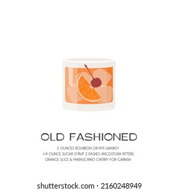 Old Fashioned Cocktail in glass with ice garnished with orange slice and maraschino cherry. Summer aperitif retro poster. Minimalistic trendy print with alcoholic beverage on white background. Vector.