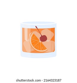 Old Fashioned Cocktail in glass with ice, orange slice and maraschino cherry. Whiskey on the rocks aperitif. Minimalistic trendy alcoholic beverage isolated on background. Vector flat illustration.