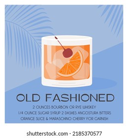 Old Fashioned Cocktail in glass with ice garnished with orange slice and maraschino cherry. Whiskey Sour summer aperitif tropical poster. Minimalistic trendy print with alcoholic beverage. Vector.