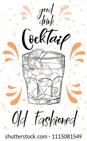 Old Fashioned Cocktail. Hand Drawn Drink On White Background. Vector Illustration.