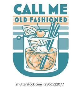 Old fashioned cocktail with ice and cherry for design of bar menu. American alcochol cocktail with whisky and bourbon for drink party. Tee print