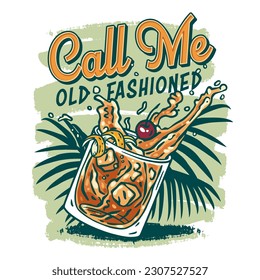 Old fashioned cocktail with ice and cherry for design of bar menu. American alcochol cocktail with whisky and bourbon for drink party. Tee print